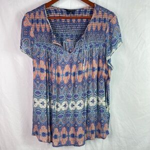 LUCKY BRAND Women's Smocked Peasant Tunic Top Size M Boho Blouse Hippie Purple